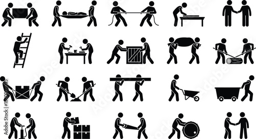 Teamwork labor silhouette icon set showing cooperative workers lifting carrying assembling industrial tasks isolated on white background vector illustration