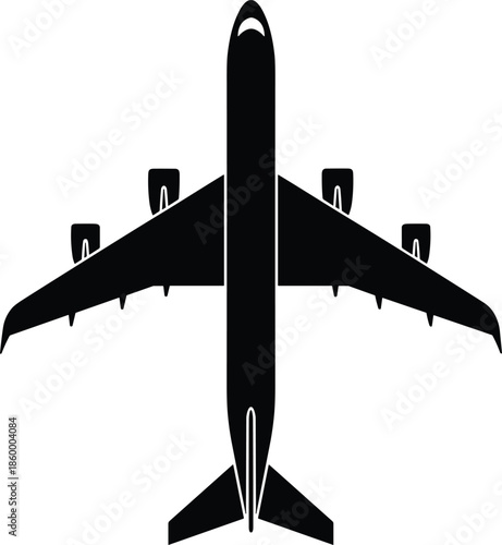Airplane silhouette top view icon showing commercial aircraft aviation transport isolated on white background vector illustration
