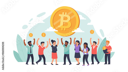 Diverse group of happy people celebrating a successful cryptocurrency investment, with a large Bitcoin coin symbolizing financial growth and digital currency.