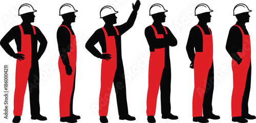 Construction worker silhouette set in red uniform showing professional builders standing poses with safety helmets isolated on white background vector