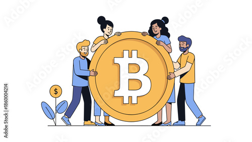 A diverse group of people collaboratively holding a large golden Bitcoin coin, symbolizing teamwork in cryptocurrency investment and digital finance.