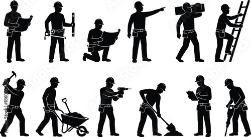 Construction worker silhouette set showing builders with tools planning lifting digging ladder tasks isolated on white background vector illustration