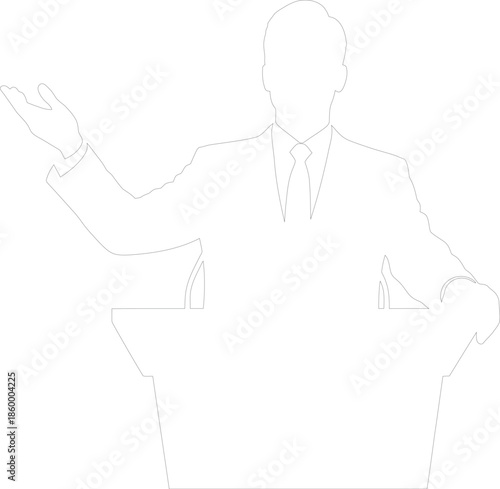 Outline Vector Illustration of Speaker Man in Suit at Podium Gesturing During Speech Presentation or Conference