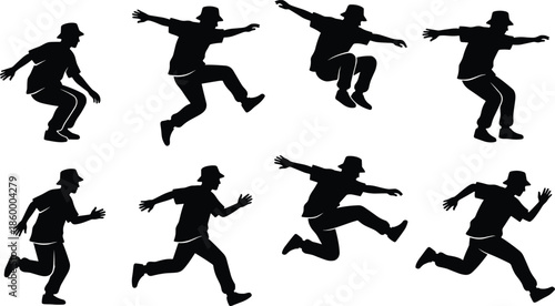 Dynamic parkour jumping silhouette set showing male athlete motion sequence running leaping action isolated on white background vector collection