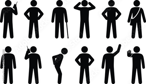 Human silhouette icon set showing different standing poses gestures communication actions isolated on white background vector illustration