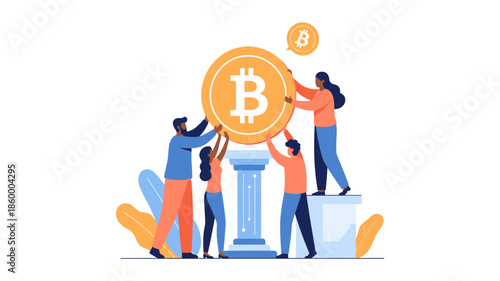 A diverse team of individuals collaboratively supports and elevates a large bitcoin symbol, representing collective investment and cryptocurrency growth.