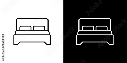 Minimalist black and white outline icon representing a comfortable double bed, perfect for hotel amenities, bedroom furniture, or sleep-related graphic design projects and web interfaces