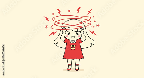 Cartoon illustration of a stressed young girl with swirling red lines around her head and red stars on a pale yellow background.