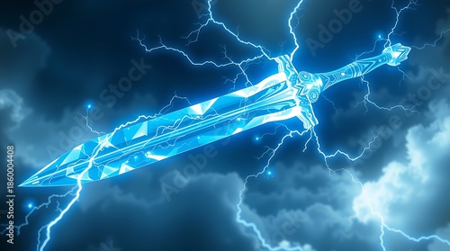 A fantasy ice sword with thunder and lighting designs in a dark blue background