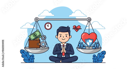 A cartoon businessman in a meditative pose balancing money and love on a scale with a clock in the background against a light blue sky with clouds.