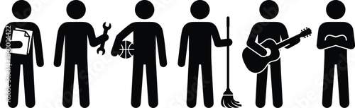 People profession silhouette icon set showing different jobs hobbies tools activities isolated on white background vector illustration