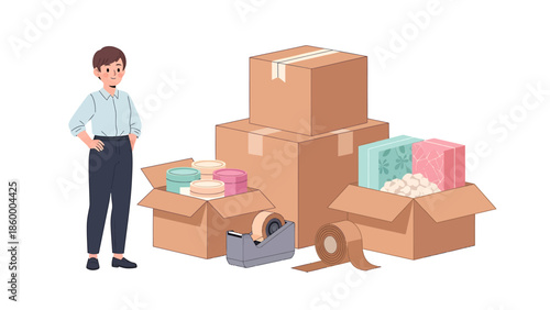 Young woman standing amidst a pile of cardboard boxes, ready to pack or unpack belongings for a new home, symbolizing the process of moving and relocation