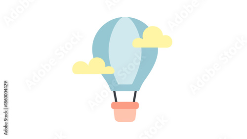 Light blue hot air balloon with two small clouds, simple cartoon illustration on white background