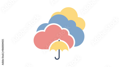Vibrant vector graphic showcasing a group of stylized clouds and an open umbrella, perfect for weather forecasts and protective measures during rainfall events