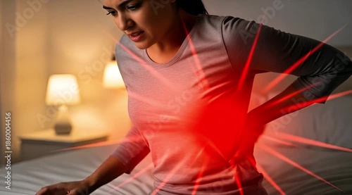 Woman Suffering From Severe Lower Back Pain While Sitting on Sofa, Lumbar Pain and Healthcare Concept