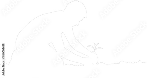 Line art vector illustration of child planting tree sapling Reforestation ecology nature growth symbol outline