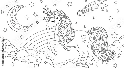 Unicorn coloring page, fantasy clouds and rainbow, magical moon and stars, dreamy cartoon sky, kids printable art, flat vector illustration