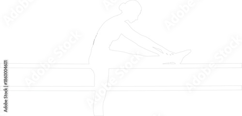 Female gymnast silhouette stretching on balance beam vector line art illustration