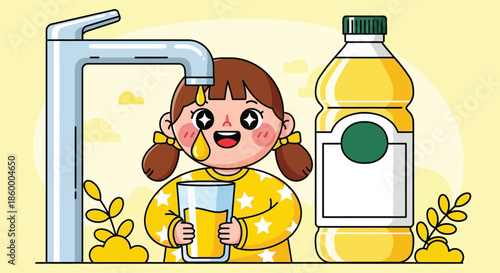 A cartoon girl filling a glass with juice from a tap next to a bottle, with a surprised expression and a yellow theme.