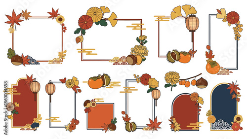 Autumnal decorative frames and borders with falling leaves, lanterns, and seasonal fruits