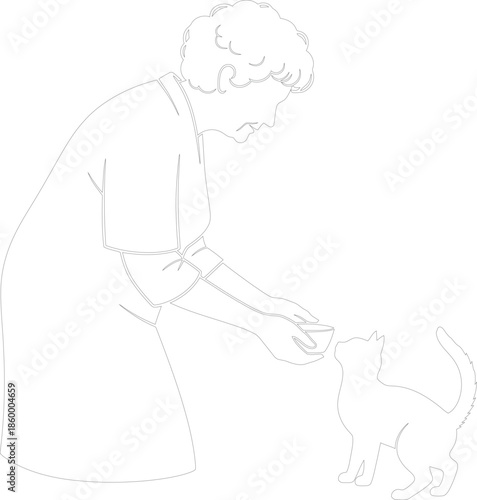 Senior person feeding a cat with food bowl vector line art drawing simple minimalist illustration