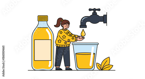 A woman in a yellow sweater pours a lemon into a glass under a faucet next to a bottle and lemon slices on a white background with a bright and citrusy mood.