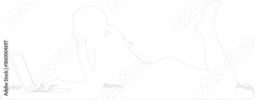 Outline vector of woman working on laptop lying on grass illustration