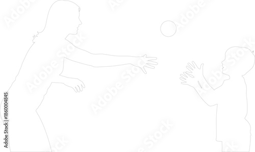 Mother and child playing catch line art vector silhouette family bonding and sport
