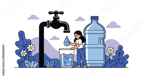 Illustration of a woman filling a bucket with water from a tap next to a large bottle amidst plants and flowers on a clean background.