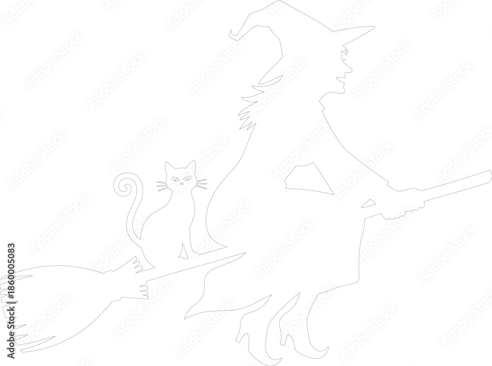 Fototapeta premium Witch on Broomstick with Cat Outline Vector Graphic Halloween Silhouette Stencil Design