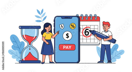 Illustration of a woman and man interacting with a giant smartphone and calendar with a pay button on the screen, surrounded by an hourglass and blue decorative elements on a white