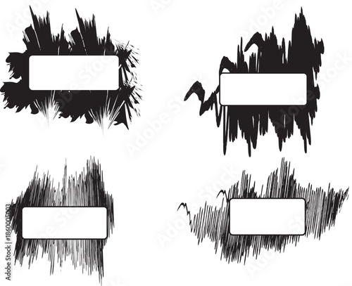 Grunge black ink brush stroke frames set with white blank banners for text, abstract dirty splash borders collection for artistic design elements (25 words)