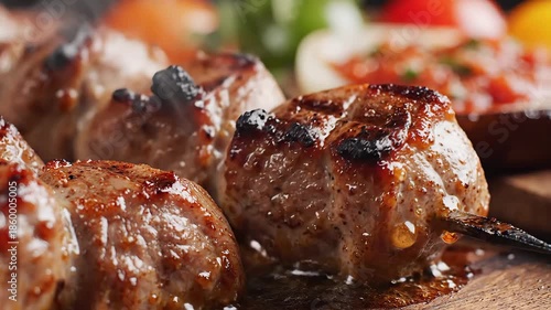 Delicious and succulent grilled meat skewers known as shish kebab or shashlik cooking over hot coals with a smoky aroma showcasing a perfect outdoor barbecue meal with juicy charred pieces of pork or.