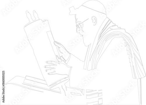 Jewish Man Rabbi Reading Torah Scroll Line Art Vector Illustration