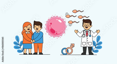 Illustration of a doctor explaining to a couple about pregnancy and sperm cells with a cartoon style and a light blue background.