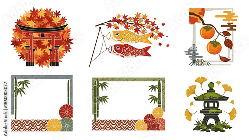 Vibrant Japanese Autumn Illustration Set with Traditional Cultural Symbols Torii Gate, Koinobori, Persimmon, Ginkgo Leaves, Bamboo, and Decorative Frames