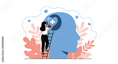 Illustration of a woman on a ladder repairing a thought bubble in a giant blue human head with pink plants and blue hearts in the background.