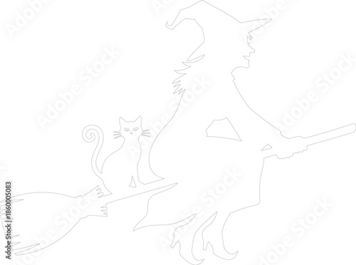 Witch on Broomstick with Cat Outline Vector Graphic Halloween Silhouette Stencil Design