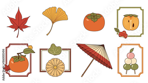 Japanese Autumn Cultural Elements Vector illustrations of maple leaf, ginkgo, persimmon, dango, umbrella, and chrysanthemum crest for seasonal design