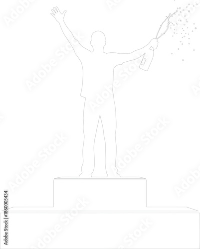 Outline vector illustration of champion man on winner podium celebrating with champagne explosion