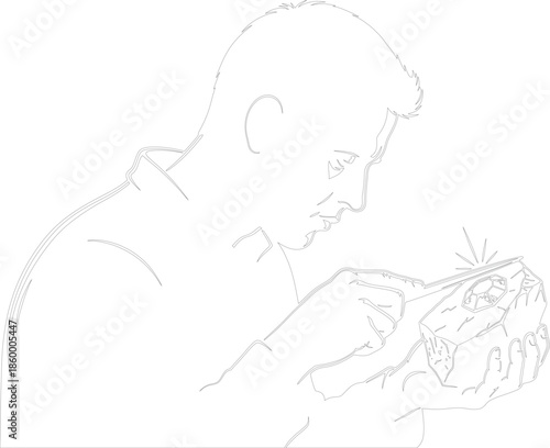 Jeweler or Gemologist Examining Faceted Gemstone Crystal Line Art Vector Outline