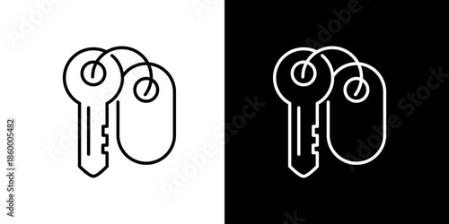 Two outline icons of keys on a keyring against a black and white background, simple design