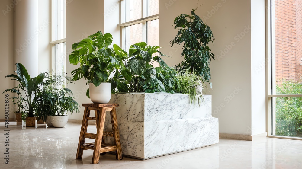 Fototapeta premium Lush tropical foliage thrives within a modern interior, creating a serene and inviting atmosphere with a marble planter and wooden stool.