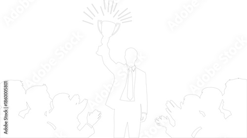 Line Art Vector of Winning Businessman Holding Trophy Award Above Clapping Audience Celebrating Victory and Achievement