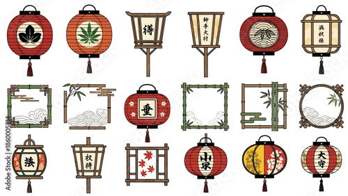 Vector set of traditional Asian lanterns and decorative bamboo frames, featuring cultural symbols, intricate patterns, and botanical elements for design
