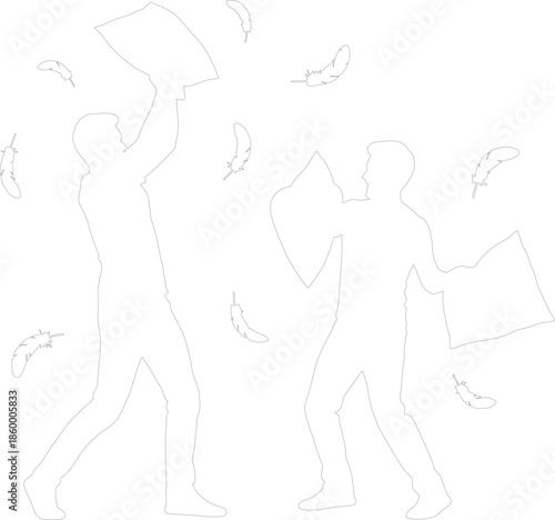 Dynamic vector outline of two men engaged in a pillow fight with feathers flying in the air fun playful sketch