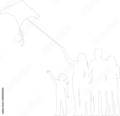 Family Flying Kite Outline Drawing Happy Leisure Activity Vector Graphic