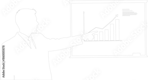 Businessman presenting financial growth chart on projection screen minimalist continuous line vector outline illustration