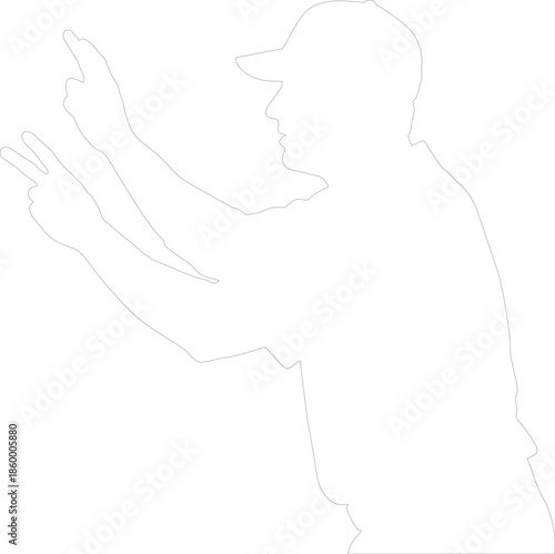 Vector outline of person in baseball cap making hand signals one and two Profile contour drawing minimal graphic element