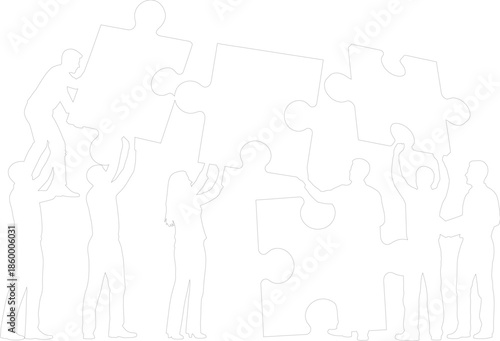Outline of diverse team assembling giant puzzle pieces Team collaboration problem solving and connection vector graphic